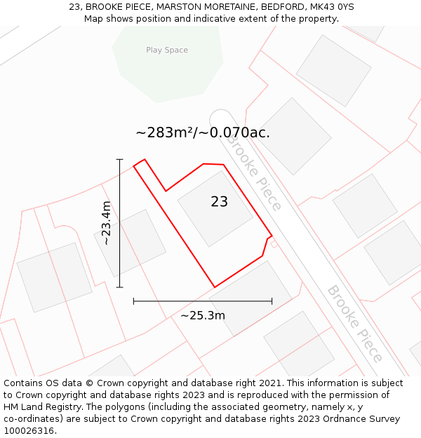 23, BROOKE PIECE, MARSTON MORETAINE, BEDFORD, MK43 0YS: Plot and title map