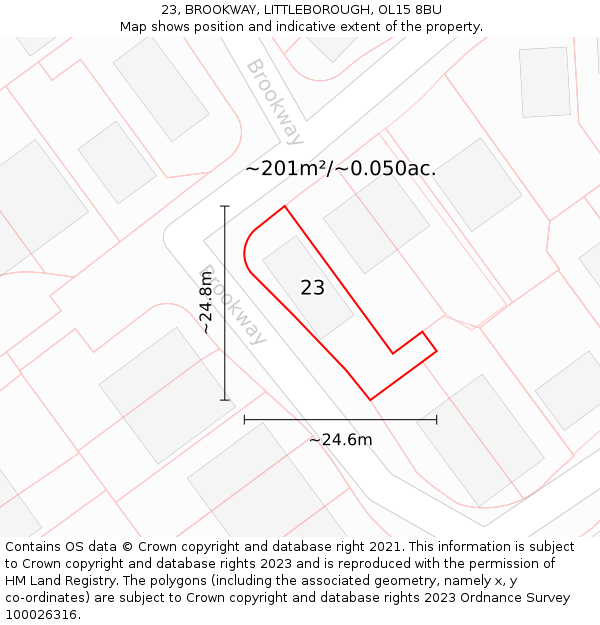 23, BROOKWAY, LITTLEBOROUGH, OL15 8BU: Plot and title map