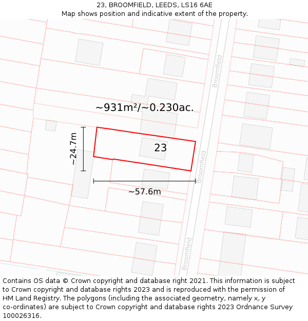 23, BROOMFIELD, LEEDS, LS16 6AE: Plot and title map