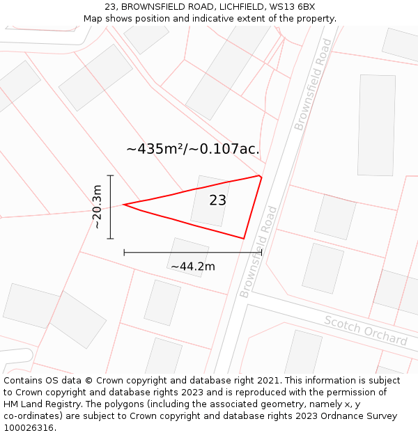 23, BROWNSFIELD ROAD, LICHFIELD, WS13 6BX: Plot and title map