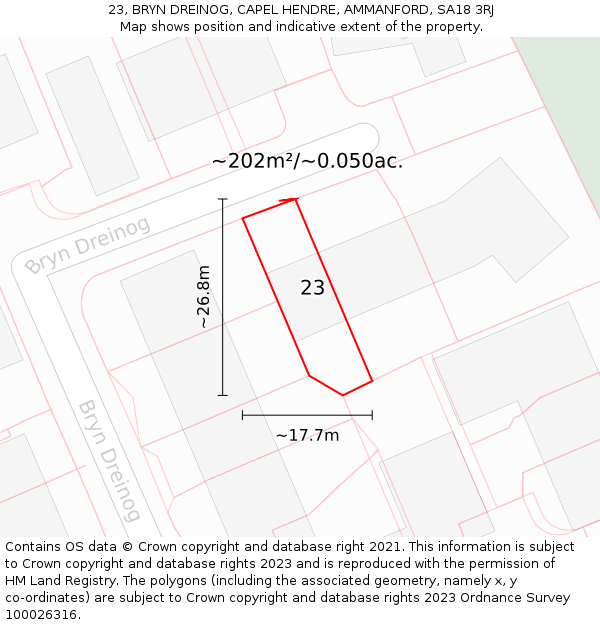 23, BRYN DREINOG, CAPEL HENDRE, AMMANFORD, SA18 3RJ: Plot and title map