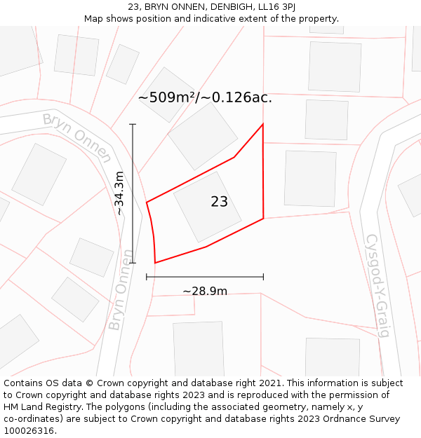 23, BRYN ONNEN, DENBIGH, LL16 3PJ: Plot and title map