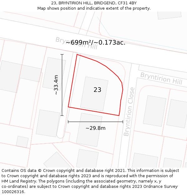 23, BRYNTIRION HILL, BRIDGEND, CF31 4BY: Plot and title map