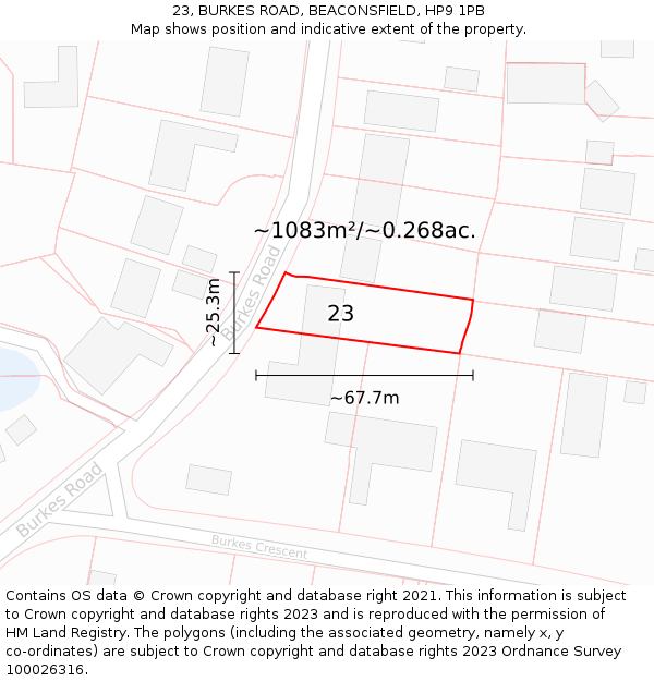 23, BURKES ROAD, BEACONSFIELD, HP9 1PB: Plot and title map