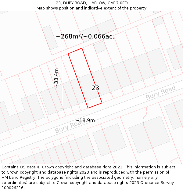 23, BURY ROAD, HARLOW, CM17 0ED: Plot and title map