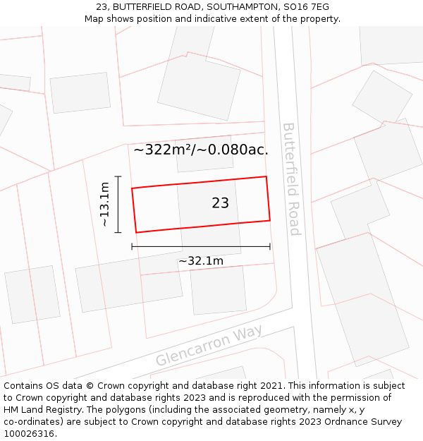 23, BUTTERFIELD ROAD, SOUTHAMPTON, SO16 7EG: Plot and title map