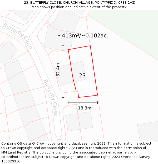 23, BUTTERFLY CLOSE, CHURCH VILLAGE, PONTYPRIDD, CF38 1AZ: Plot and title map