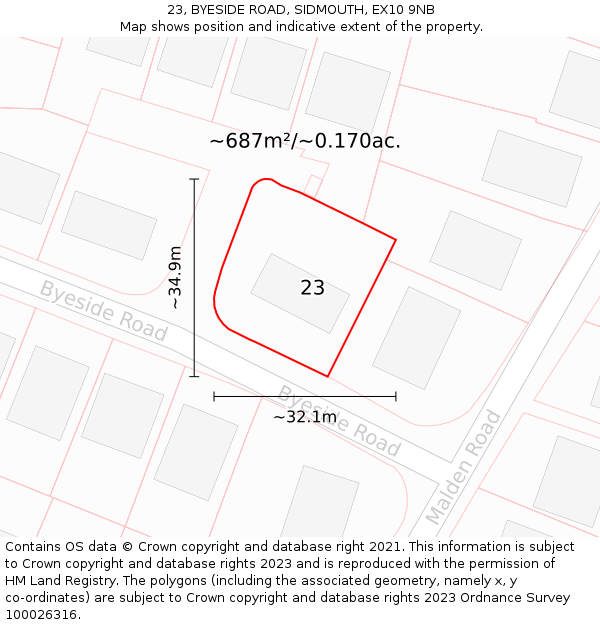 23, BYESIDE ROAD, SIDMOUTH, EX10 9NB: Plot and title map