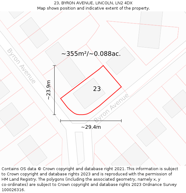 23, BYRON AVENUE, LINCOLN, LN2 4DX: Plot and title map