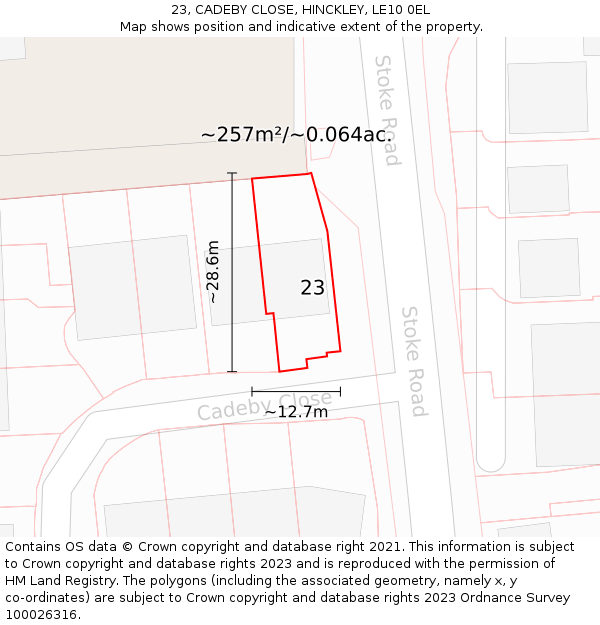 23, CADEBY CLOSE, HINCKLEY, LE10 0EL: Plot and title map