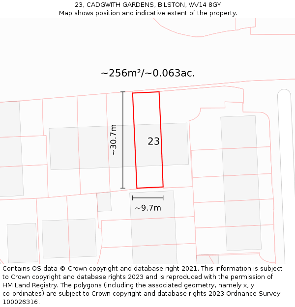 23, CADGWITH GARDENS, BILSTON, WV14 8GY: Plot and title map