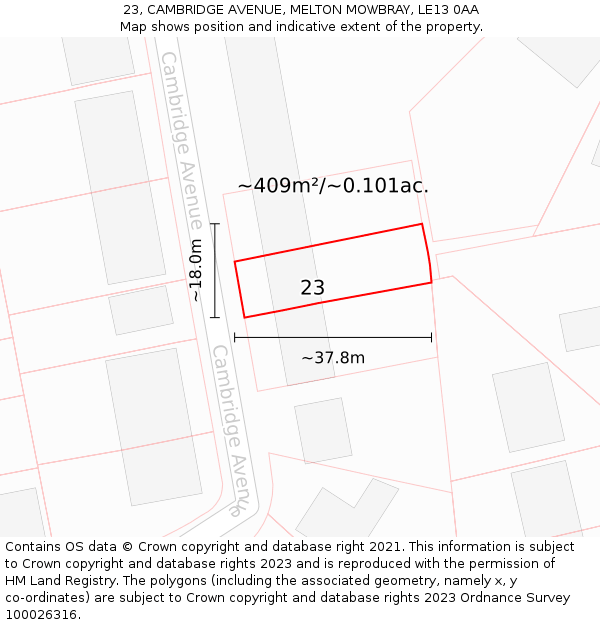 23, CAMBRIDGE AVENUE, MELTON MOWBRAY, LE13 0AA: Plot and title map