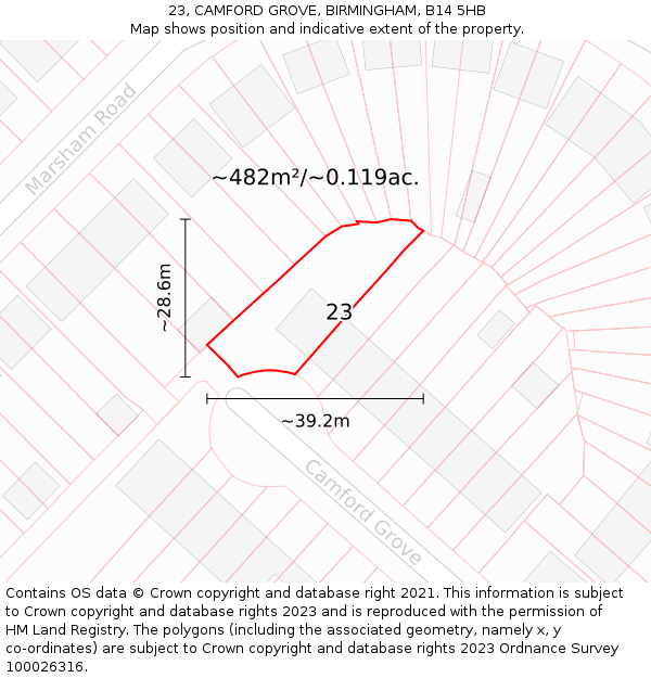 23, CAMFORD GROVE, BIRMINGHAM, B14 5HB: Plot and title map