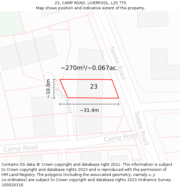 23, CAMP ROAD, LIVERPOOL, L25 7TS: Plot and title map