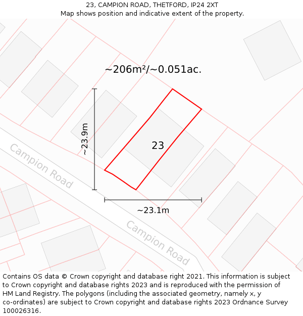 23, CAMPION ROAD, THETFORD, IP24 2XT: Plot and title map