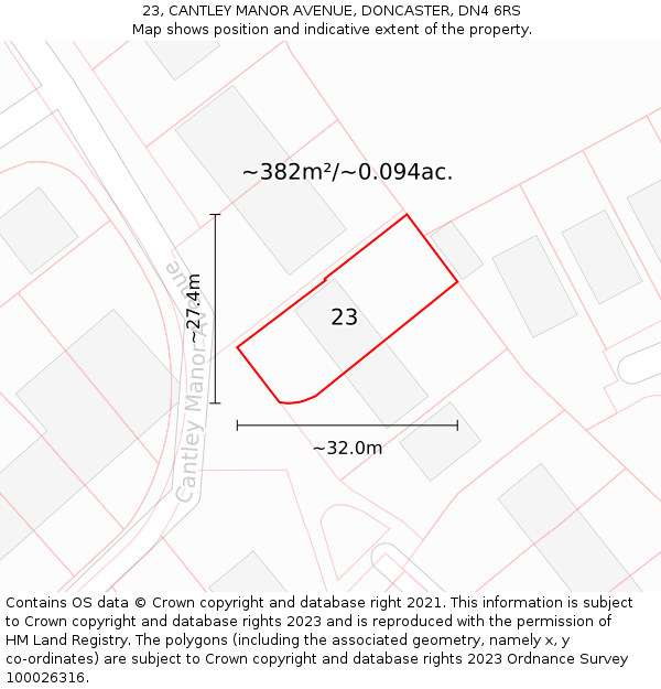 23, CANTLEY MANOR AVENUE, DONCASTER, DN4 6RS: Plot and title map