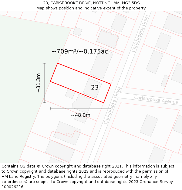 23, CARISBROOKE DRIVE, NOTTINGHAM, NG3 5DS: Plot and title map