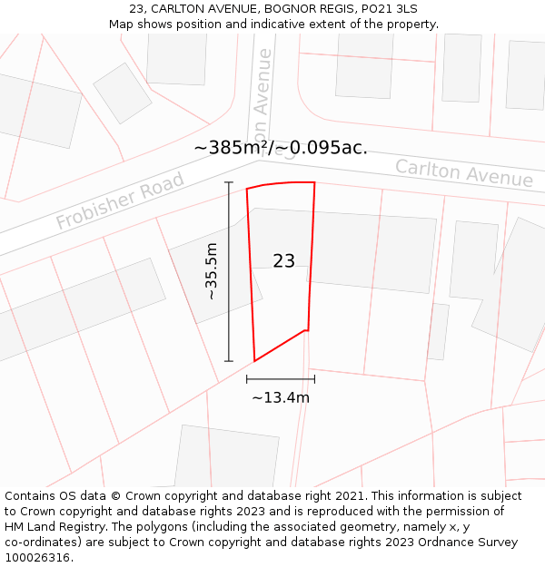 23, CARLTON AVENUE, BOGNOR REGIS, PO21 3LS: Plot and title map