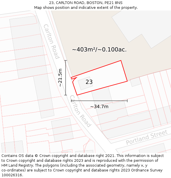 23, CARLTON ROAD, BOSTON, PE21 8NS: Plot and title map