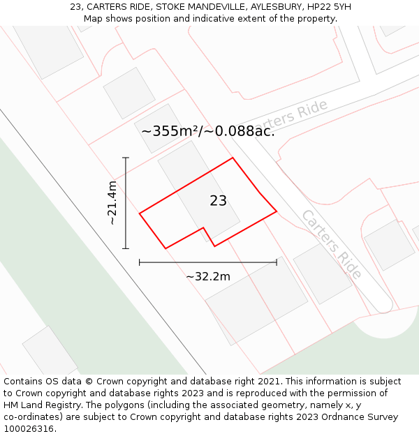 23, CARTERS RIDE, STOKE MANDEVILLE, AYLESBURY, HP22 5YH: Plot and title map