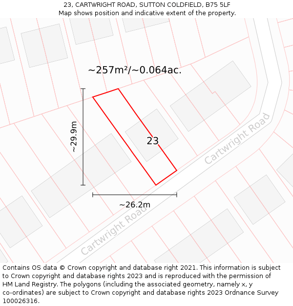 23, CARTWRIGHT ROAD, SUTTON COLDFIELD, B75 5LF: Plot and title map