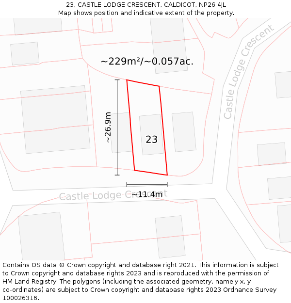 23, CASTLE LODGE CRESCENT, CALDICOT, NP26 4JL: Plot and title map