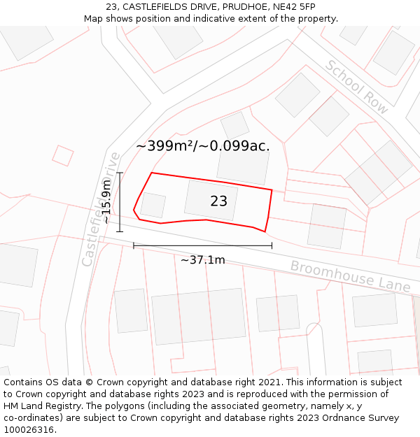 23, CASTLEFIELDS DRIVE, PRUDHOE, NE42 5FP: Plot and title map