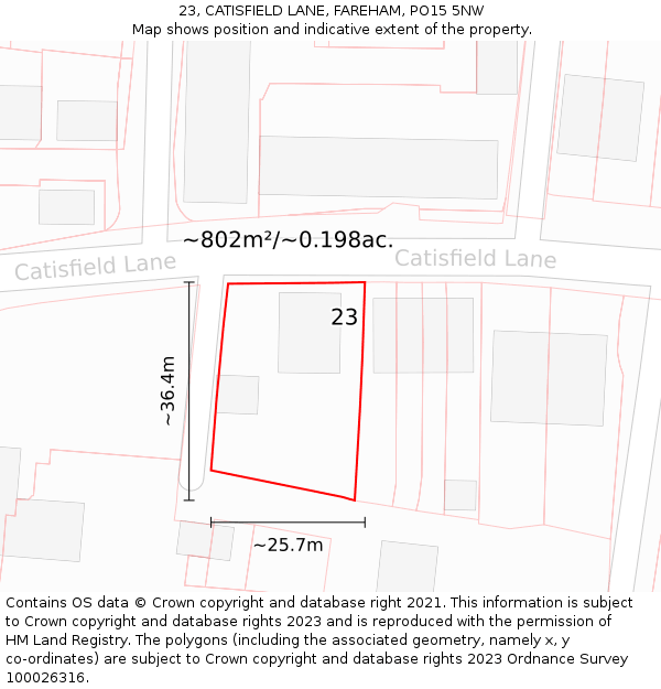 23, CATISFIELD LANE, FAREHAM, PO15 5NW: Plot and title map