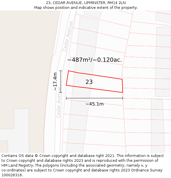23, CEDAR AVENUE, UPMINSTER, RM14 2LN: Plot and title map