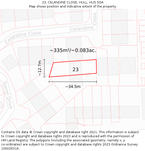 23, CELANDINE CLOSE, HULL, HU5 5GA: Plot and title map