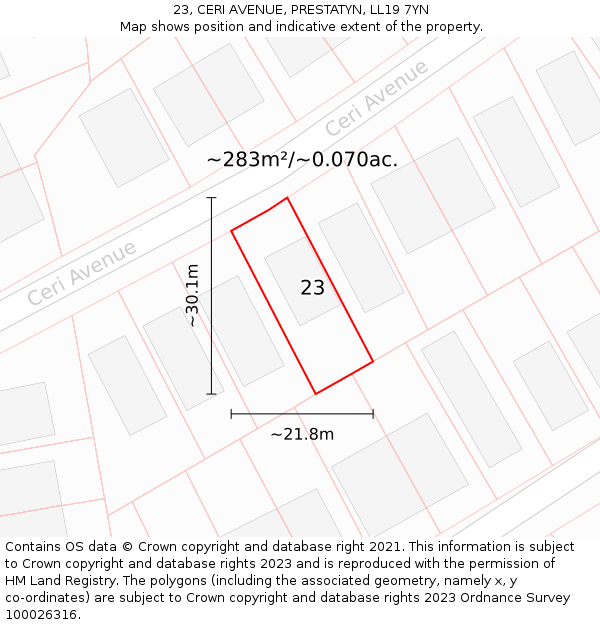 23, CERI AVENUE, PRESTATYN, LL19 7YN: Plot and title map