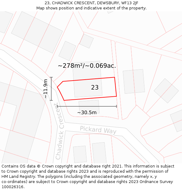 23, CHADWICK CRESCENT, DEWSBURY, WF13 2JF: Plot and title map