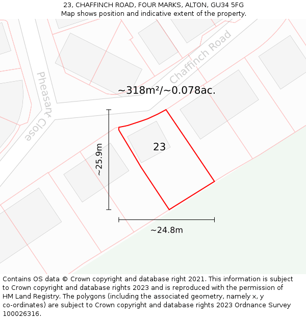 23, CHAFFINCH ROAD, FOUR MARKS, ALTON, GU34 5FG: Plot and title map
