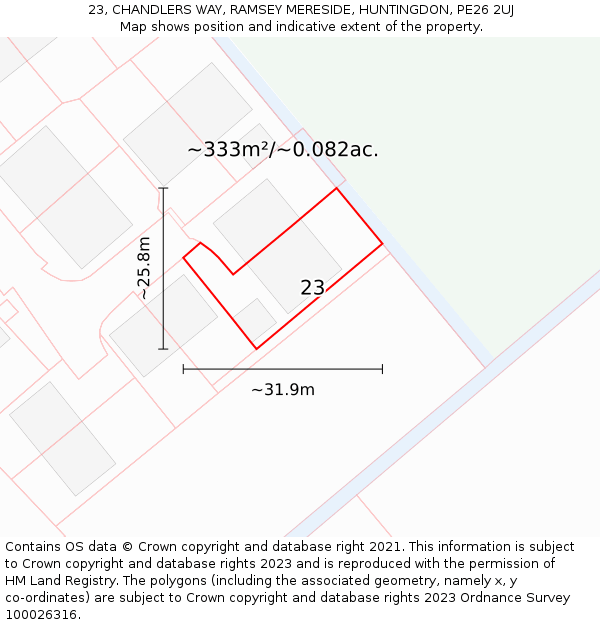 23, CHANDLERS WAY, RAMSEY MERESIDE, HUNTINGDON, PE26 2UJ: Plot and title map