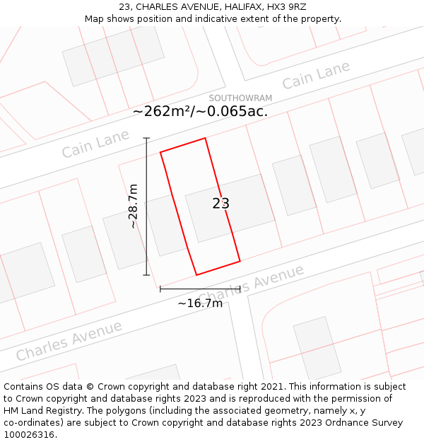 23, CHARLES AVENUE, HALIFAX, HX3 9RZ: Plot and title map