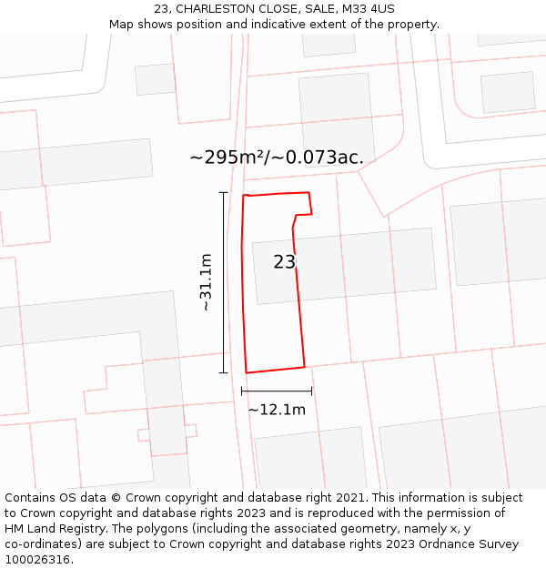 23, CHARLESTON CLOSE, SALE, M33 4US: Plot and title map