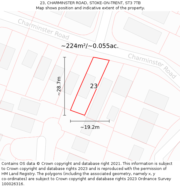 23, CHARMINSTER ROAD, STOKE-ON-TRENT, ST3 7TB: Plot and title map