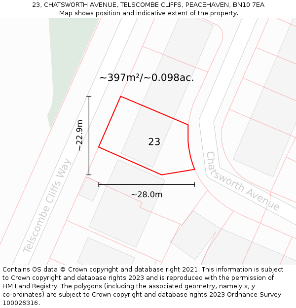 23, CHATSWORTH AVENUE, TELSCOMBE CLIFFS, PEACEHAVEN, BN10 7EA: Plot and title map