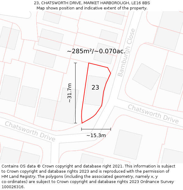 23, CHATSWORTH DRIVE, MARKET HARBOROUGH, LE16 8BS: Plot and title map