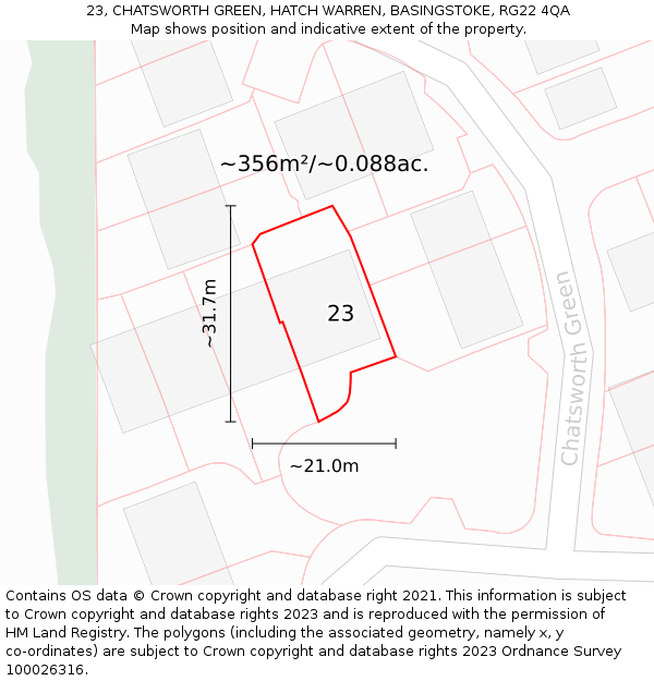 23, CHATSWORTH GREEN, HATCH WARREN, BASINGSTOKE, RG22 4QA: Plot and title map