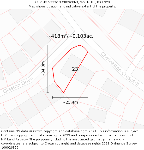 23, CHELVESTON CRESCENT, SOLIHULL, B91 3YB: Plot and title map