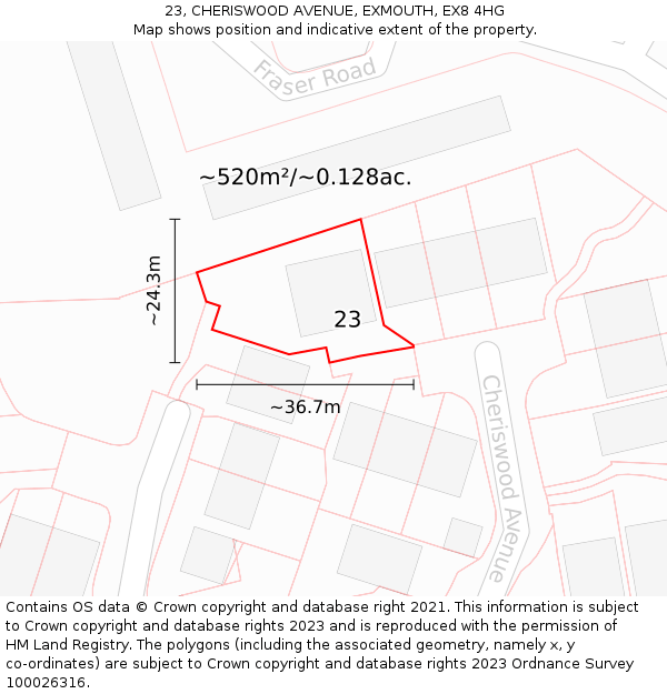 23, CHERISWOOD AVENUE, EXMOUTH, EX8 4HG: Plot and title map