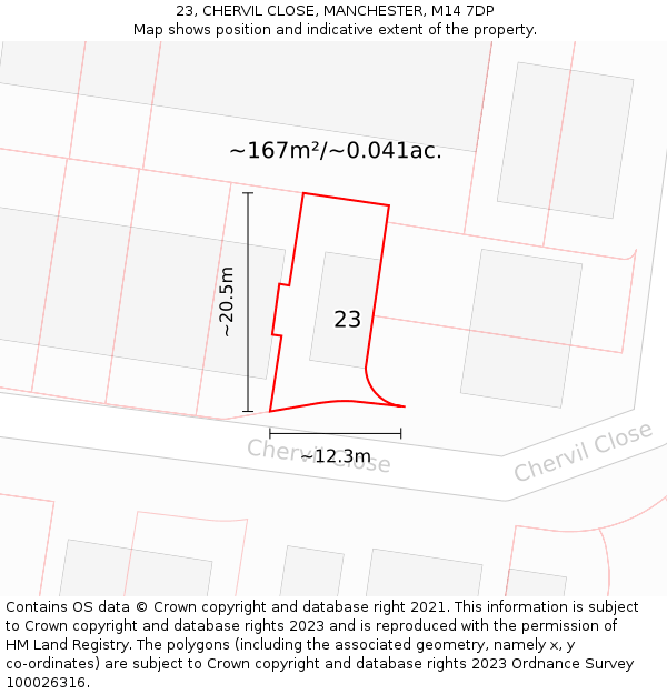 23, CHERVIL CLOSE, MANCHESTER, M14 7DP: Plot and title map