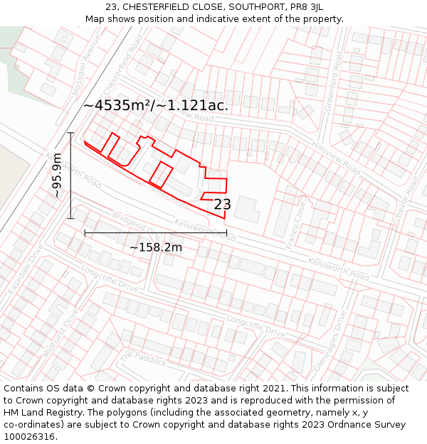 23, CHESTERFIELD CLOSE, SOUTHPORT, PR8 3JL: Plot and title map