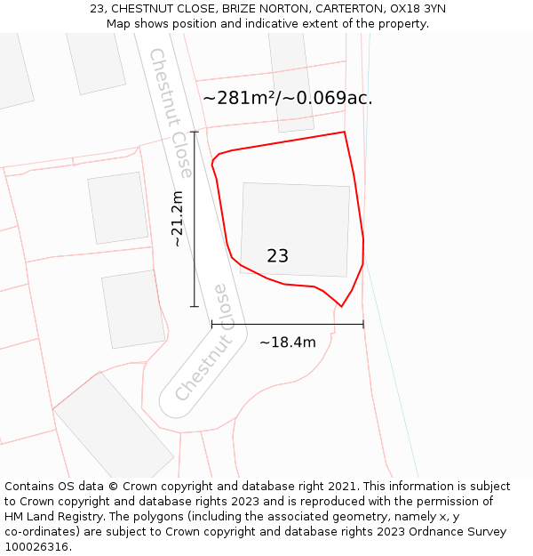 23, CHESTNUT CLOSE, BRIZE NORTON, CARTERTON, OX18 3YN: Plot and title map