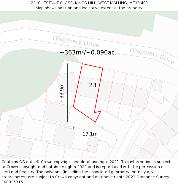 23, CHESTNUT CLOSE, KINGS HILL, WEST MALLING, ME19 4FP: Plot and title map