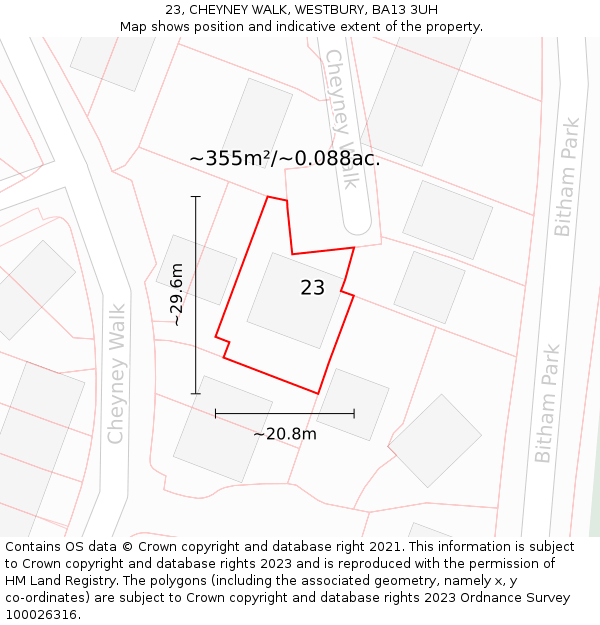 23, CHEYNEY WALK, WESTBURY, BA13 3UH: Plot and title map