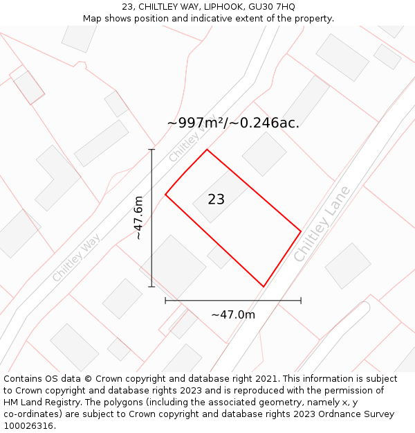 23, CHILTLEY WAY, LIPHOOK, GU30 7HQ: Plot and title map