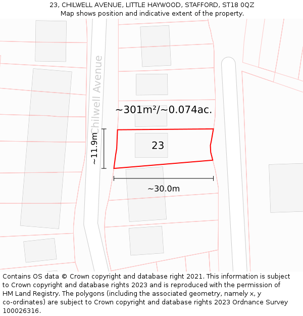 23, CHILWELL AVENUE, LITTLE HAYWOOD, STAFFORD, ST18 0QZ: Plot and title map