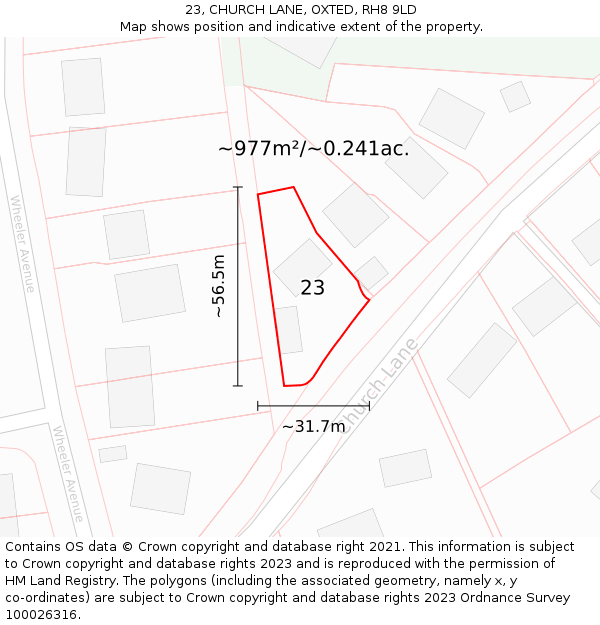 23, CHURCH LANE, OXTED, RH8 9LD: Plot and title map